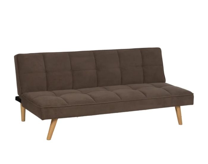 Sofá cama en madera natural tapizada en tela taupe.