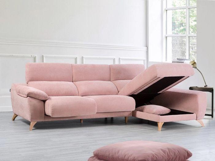 Sofá Chaise Longue con Arcón y Asientos Deslizantes Tapizado Rosa Madera 