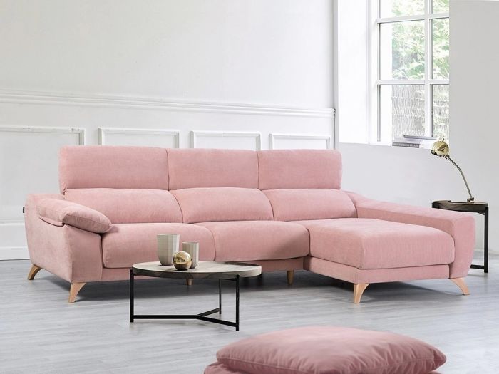 Sofá Chaise Longue con Arcón y Asientos Deslizantes Tapizado Rosa Madera 