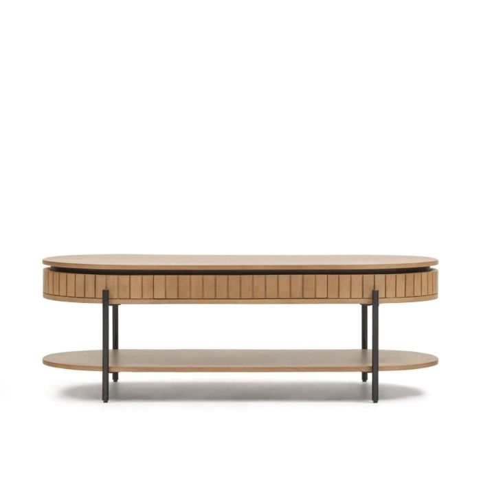 Mesa Centro con cajón Licia Natural Madera Mango Negro Hierro Estilo Nórdico, 130 Cm