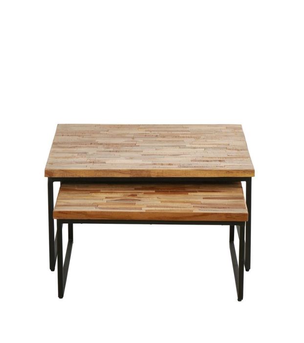 Set 2 Mesa Centro Madera Teca Hierro, 80 Cm