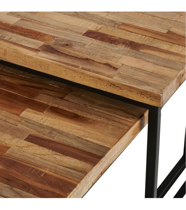 Set 2 Mesa Centro Madera Teca Hierro, 80 Cm