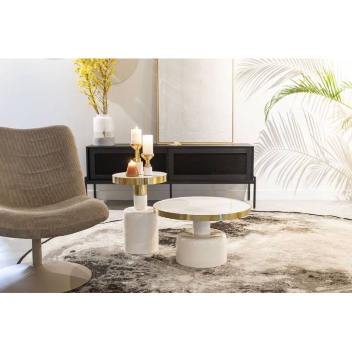 Mesa Centro Redonda Acero Hierro Esmaltado Blanco Dorado, 60 Cm