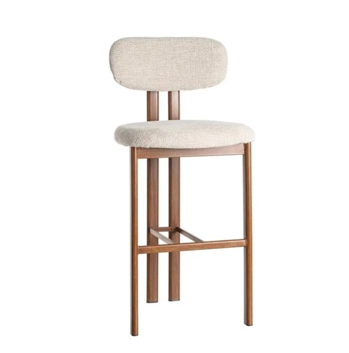 Taburete alto en metal marrón tapizado en tejido beige.