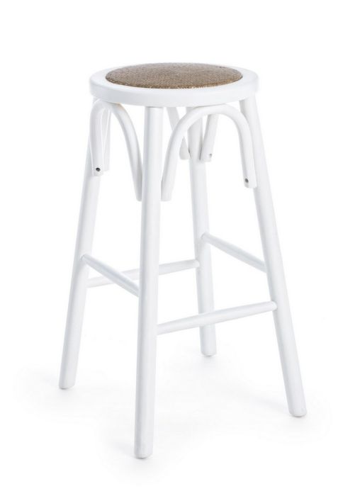 Taburete en madera de olmo blanco y ratán natural.