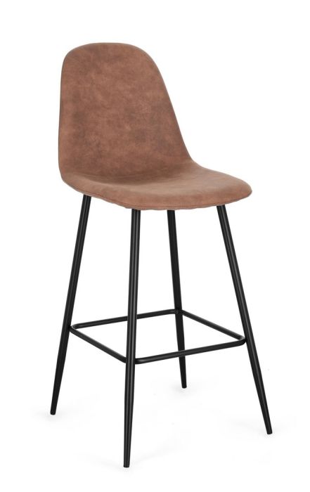 Taburete en madera tapizada en tela coñac y patas de metal negro.