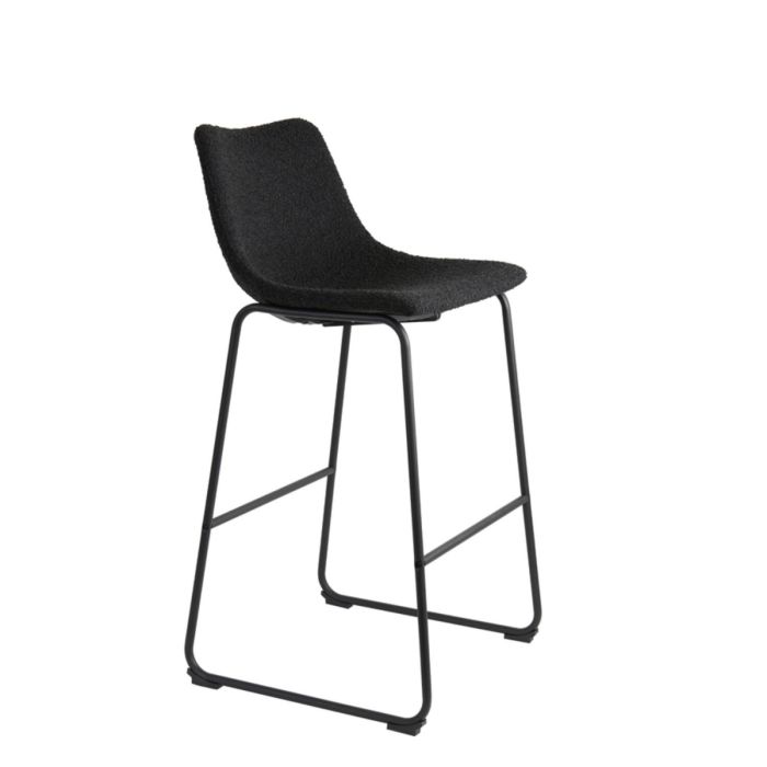 Taburete alto en metal negro tapizado en tela bouclé negro.