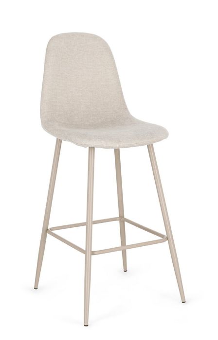Taburete en madera tapizada en tela topo y patas de metal beige.
