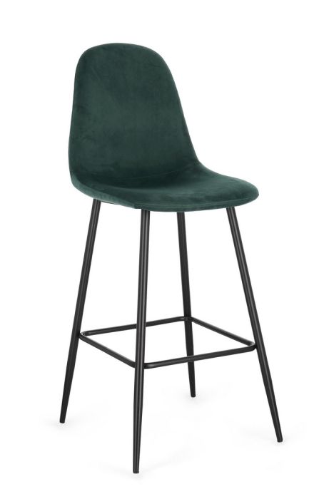 Taburete en madera tapizada en tela efecto terciopelo verde oscuro y patas de metal negro.
