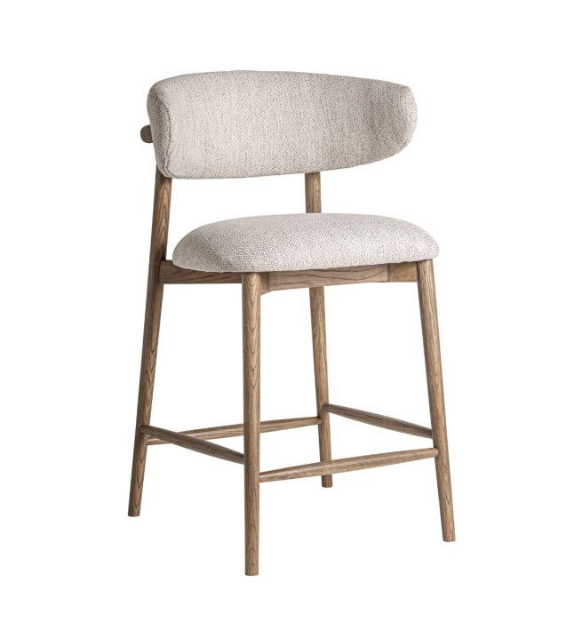 Taburete en madera de fresno marrón tapizado en tejido beige.
