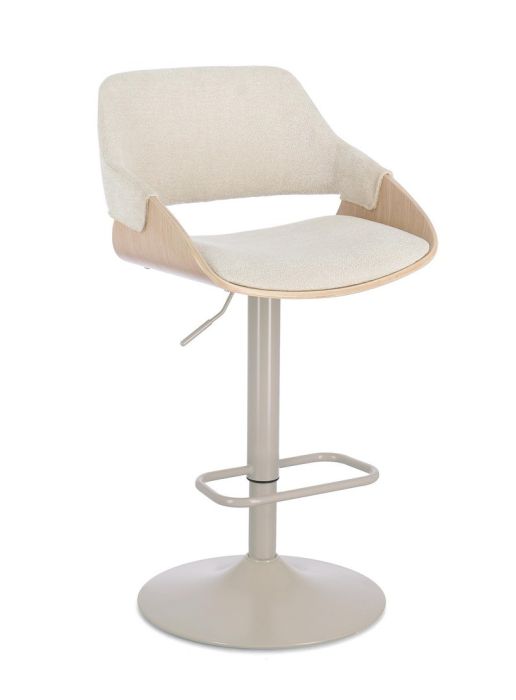 Taburete alto giratorio en madera natural tapizada en tela blanca y base de metal beige.