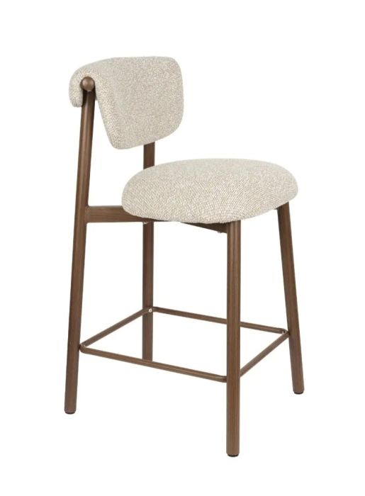 Taburete en metal efecto madera nogal tapizado en tejido beige.