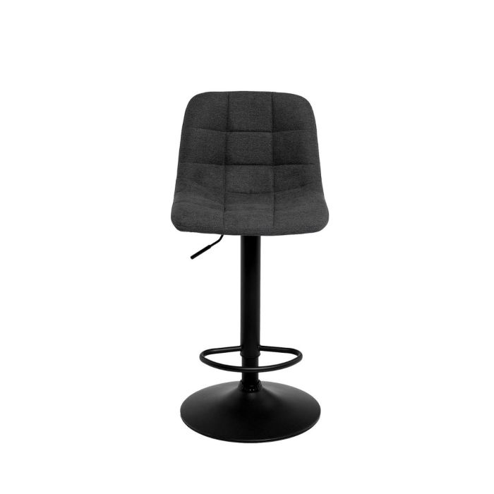 Taburete alto en metal negro tapizado en tejido color gris oscuro.