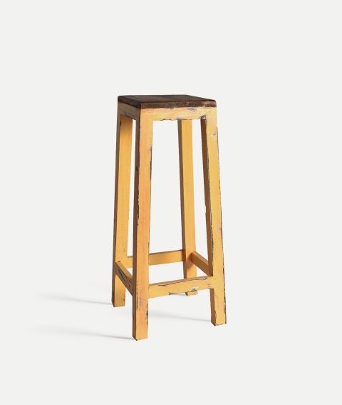 Taburete amarillo marón madera vintage