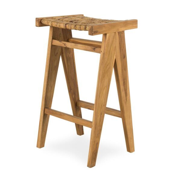 Taburete Alto Fibra Banano Madera Teca, 34 Cm