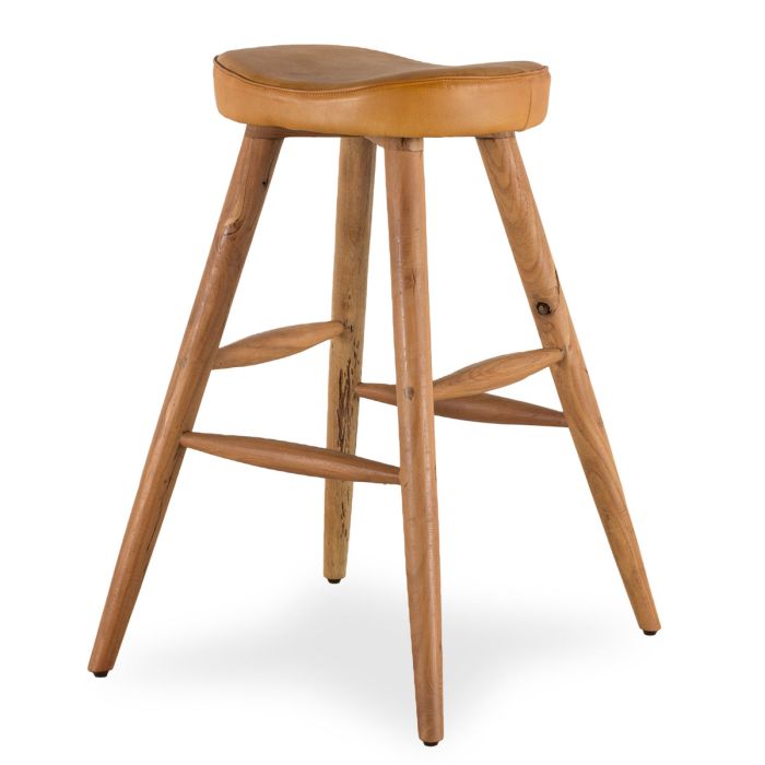 Taburete Alto Cuero Marrón Madera, 50 Cm