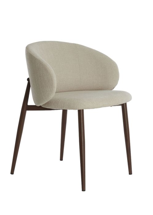 Silla de comedor nórdica moderna con estructura metálica marrón tapizado en tela beige.