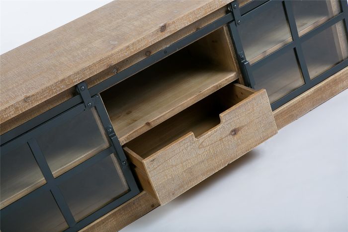 Mueble Tv Industrial Madera Pino Hierro Cristal 120 Cm