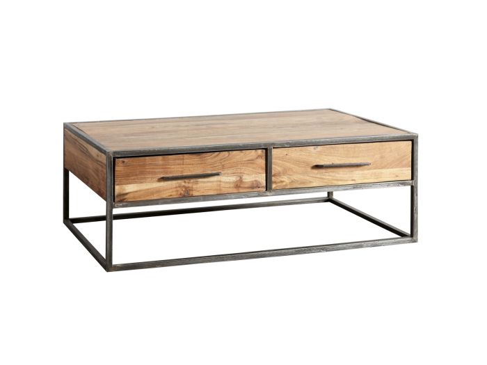 Mesa Centro Artama 2 Cajones Estilo Vintage Diseño Retro Madera Acacia, 120 Cm
