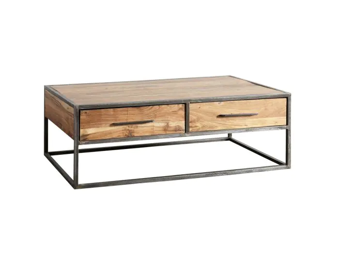 Mesa Centro Artama 2 Cajones Estilo Vintage Diseño Retro Madera Acacia, 120 Cm