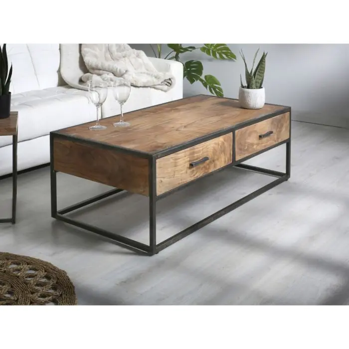 Mesa Centro Artama 2 Cajones Madera Acacia Metal, 120 Cm