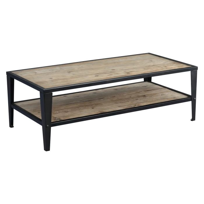 Mesa de centro industrial en madera de abeto natural y hierro negro.