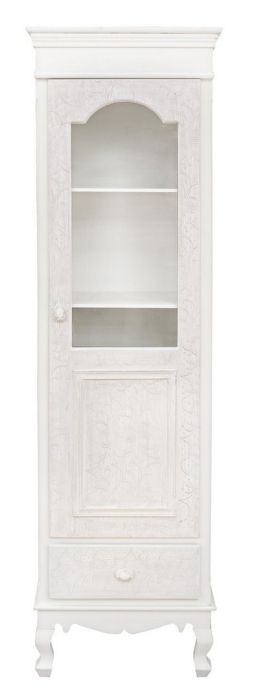 Vitrina en madera blanco opaco decapado y puerta de cristal.