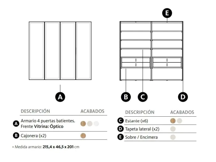 Vitrina 4 Puertas Batientes Cristal Templado, 215'4 Cm