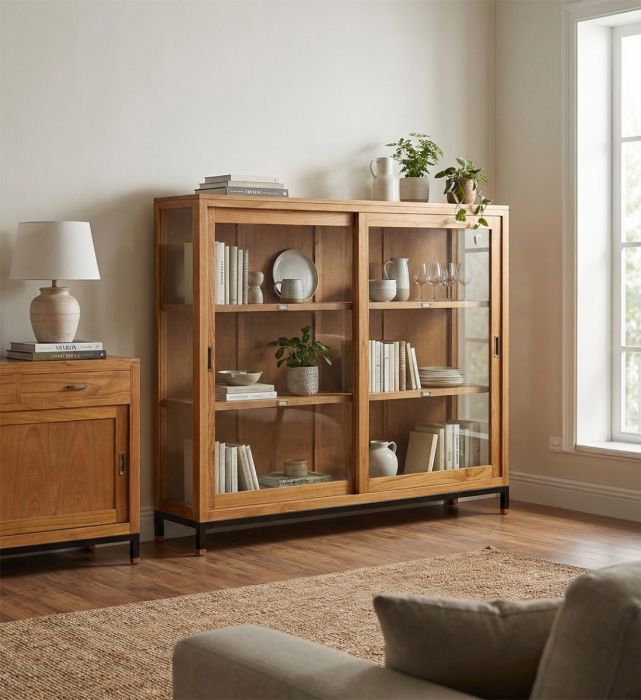 Vitrina en madera de mindi natural, cristal, hierro negro y detalles en bronce.