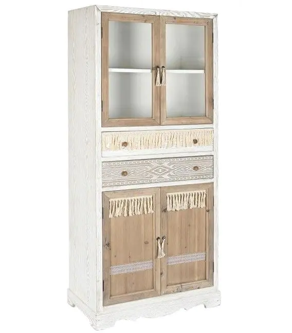 Vitrina Estilo Étnico-Vintage Cristal Natural Blanco Algodón Madera Abeto, 180 Cm