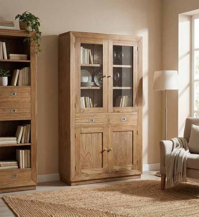Vitrina en madera de mindi natural y puertas de cristal.