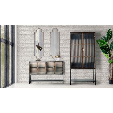 Vitrina Straw 2 Puertas Industrial Hierro Negro Oro, 85 Cm