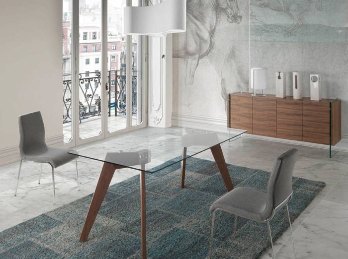 Mesa Comedor Diseño Moderno Madera Nogal Cristal,160cm