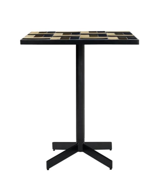 Mesa centro moderna en cerámica azul, marrón con tonos en arena y hierro negro.