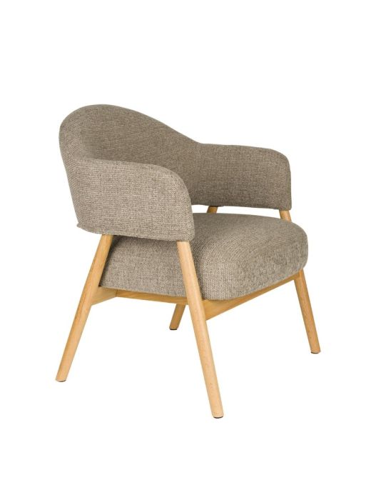 Silla nórdica en madera de roble tapizada en tela marrón oscuro.