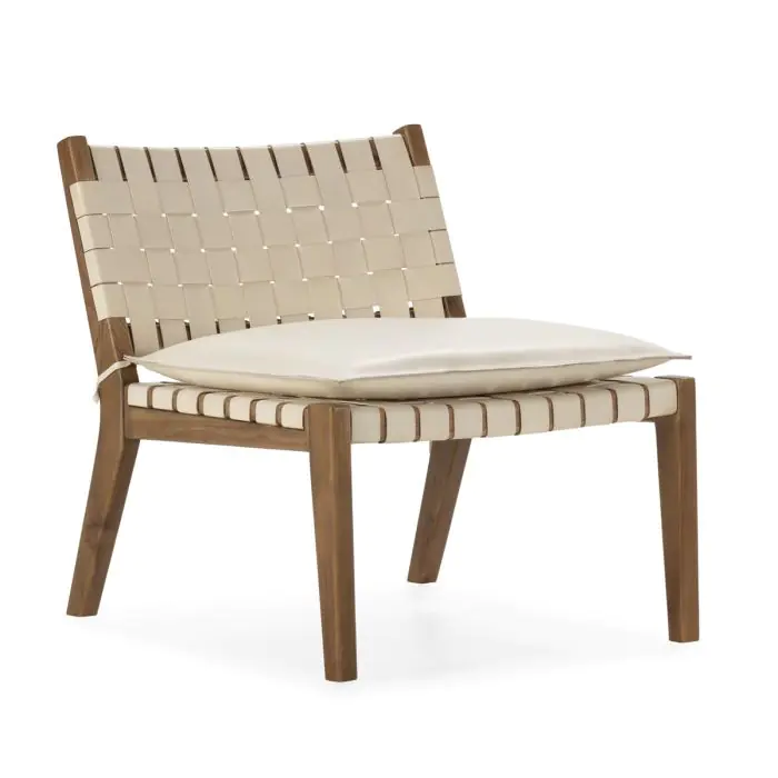 Sillón Madera de Teca, Cuero y P.Piel en Natural/Blanco, 65 Cm.