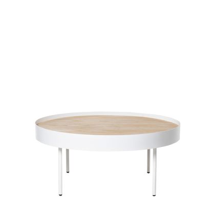 Mesa de centro nórdica en madera de roble natural y estructura de metal blanco.