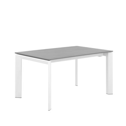 Mesa de comedor extensible diseño moderno en porcelánico gris, cristal templado y acero blanco.