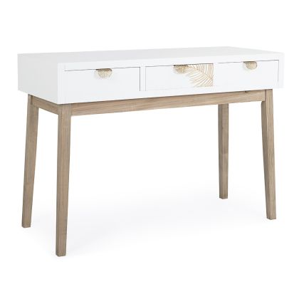 Consola 3 Cajones Madera Abeto Madera Paulownia Blanco Natural, 110 Cm