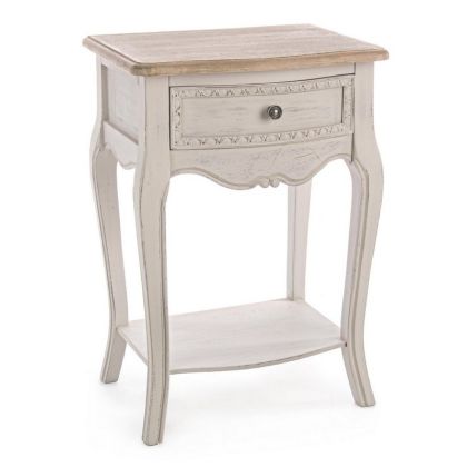 Mesita de Noche 1 Cajón Color Beige Estilo Vintage Madera Paulownia Acero, 40 Cm