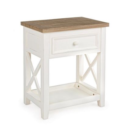 Mesita de Noche 1 Cajón Elvia Estilo Vintage Diseño Provenzal Madera Pino Blanco/Natural, 49'5 Cm