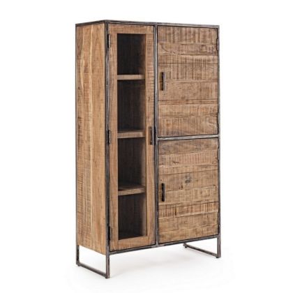 Gabinete con Vitrina Elmer 3 Puertas Estilo Industrial Madera Acacia Acero, 90 Cm