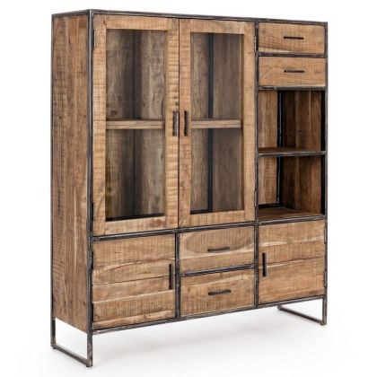 Gabinete Con Vitrina Elmer 4 Puertas 4 Cajones Estilo Industrial Madera Acacia Acero, 140 Cm