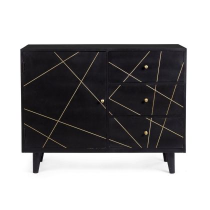 Aparador Líneas Estilo Art Decó Madera Mango Negro Dorado, 105 Cm