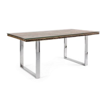 Mesa Comedor C V Stanton Estilo Moderno Vidrio Madera Reciclada Acero, 180 Cm