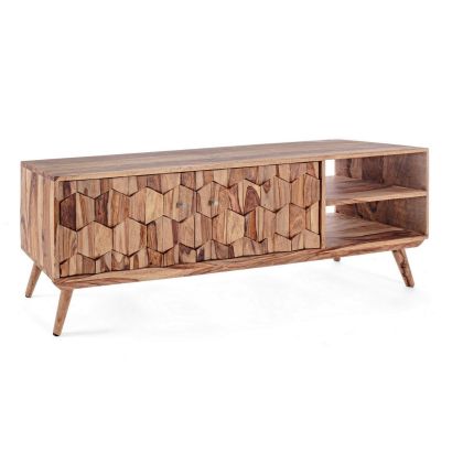 Mueble TV Kant 2 Puertas Geométricas Estilo Vintage Madera Sheesham Acero, 145 Cm