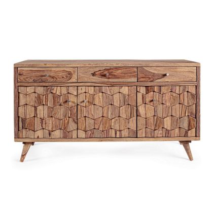 Aparador Kant Estilo Vintage 3 Puertas 3 Cajones Geométricos Madera Sheesham Acero, 132 Cm