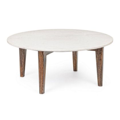 Mesa Centro Ovalada Sylvester Estilo Vintage Mármol Blanco Madera Mango, 75 Cm