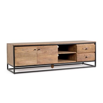 Mueble TV Nartan 2 Puertas 2 Cajones Estilo Industrial Madera Sheesham Acero Barnizado, 175 Cm