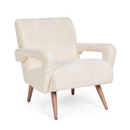 Sillón Berna Estilo Vintage Tejido Blanco Efecto Lana Madera Pino, 65 Cm